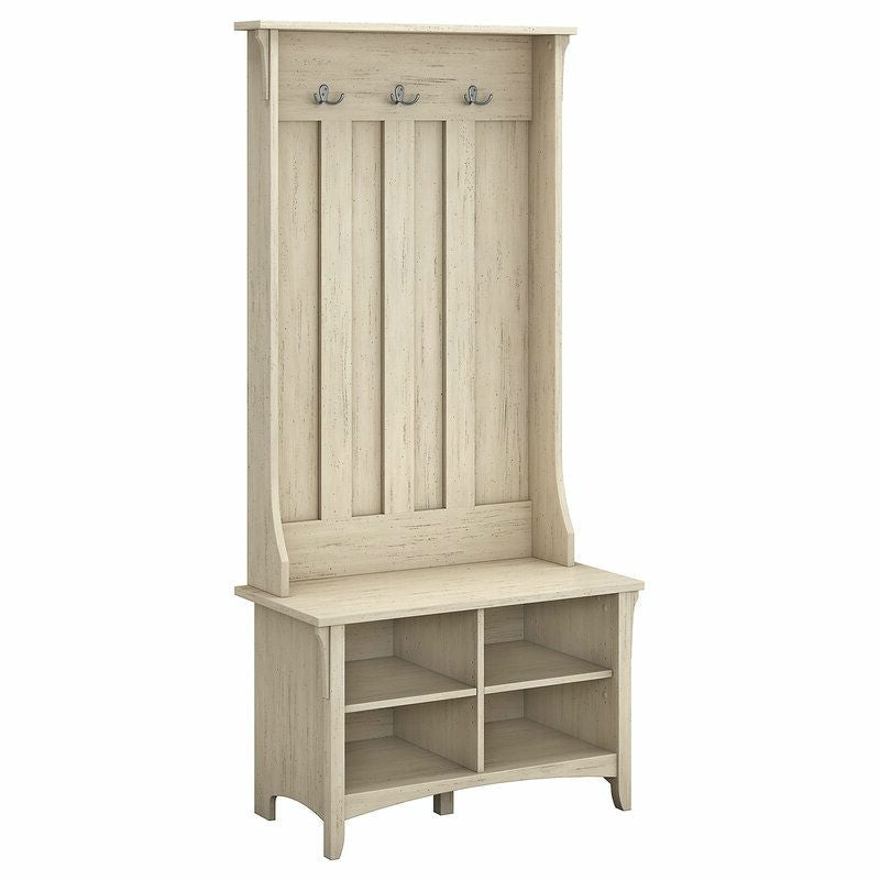 Perchero de entrada grande blanco antiguo con cubículo para zapatos, mueble recibidor