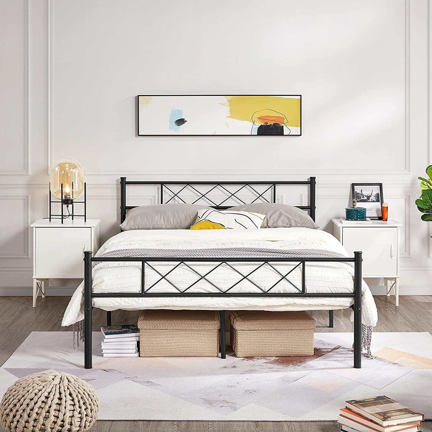 Cama de plataforma de metal con listones y recubrimiento en polvo, tamaño matrimonial, estilo tradicional