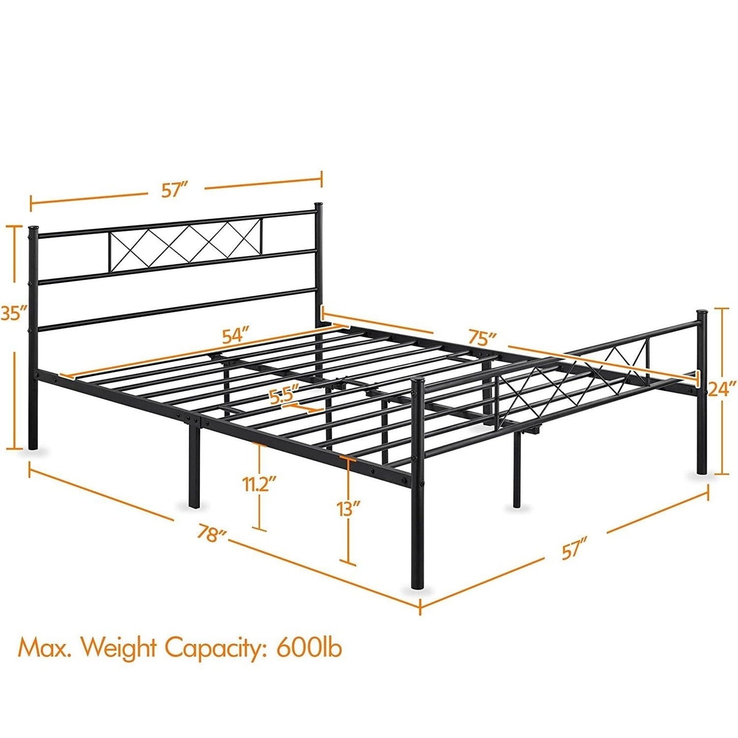 Cama de plataforma de metal con listones y recubrimiento en polvo, tamaño matrimonial, estilo tradicional