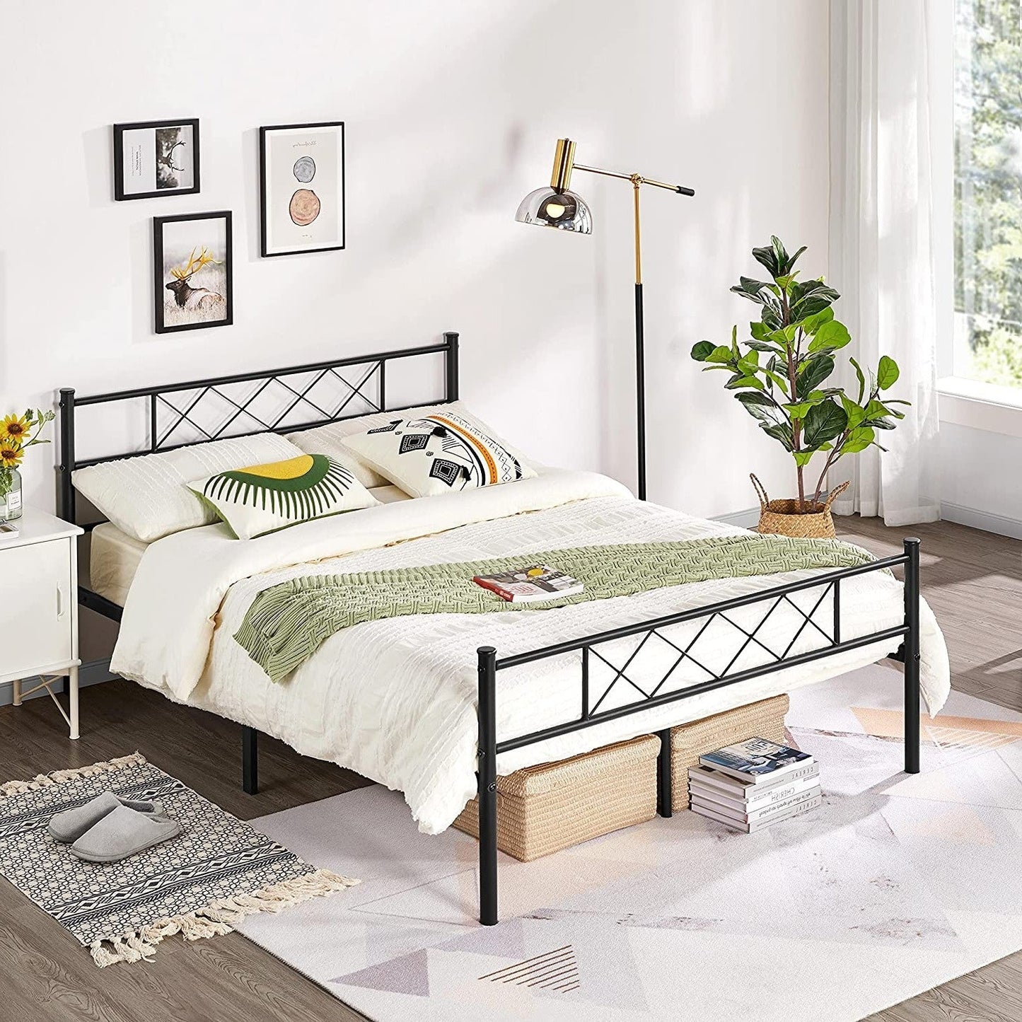 Base de cama estilo plataforma, tamaño queen, con listones de metal, acabado tradicional con recubrimiento en polvo