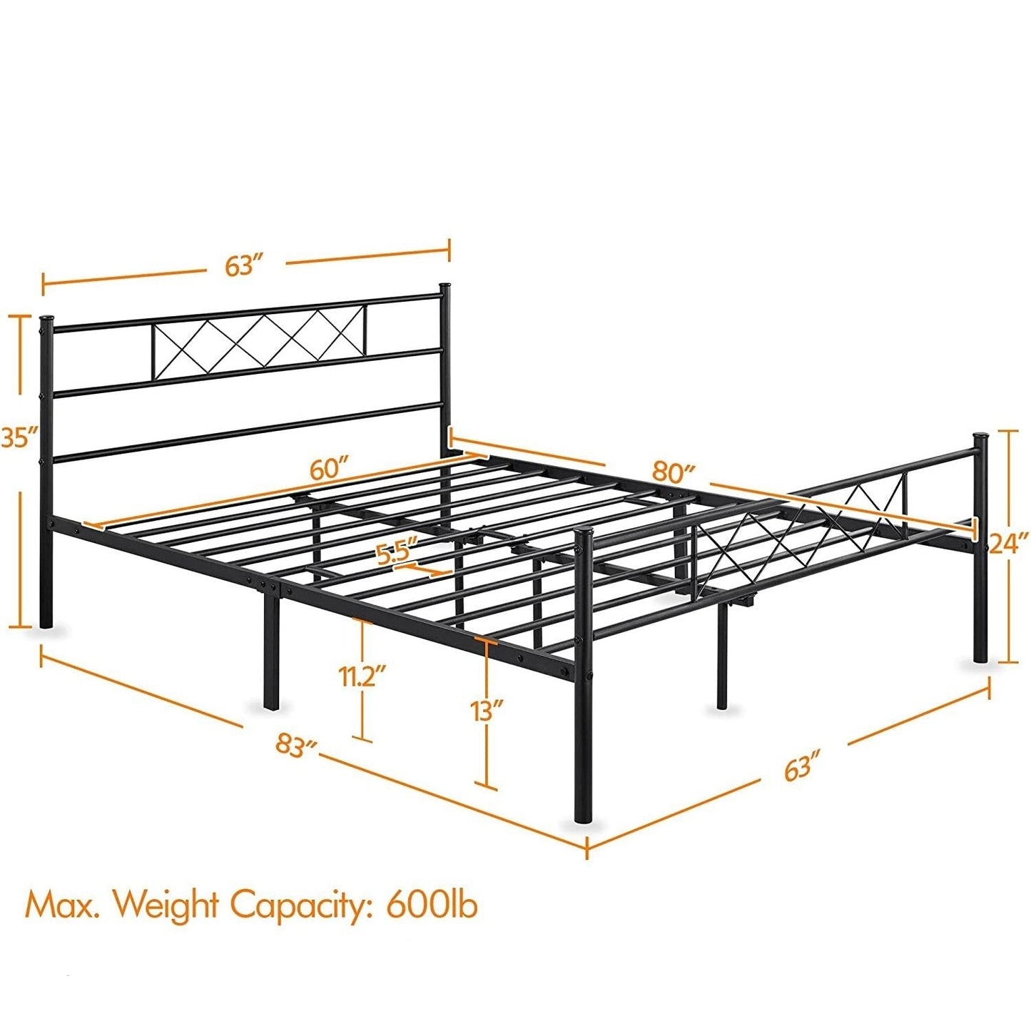 Base de cama estilo plataforma, tamaño queen, con listones de metal, acabado tradicional con recubrimiento en polvo