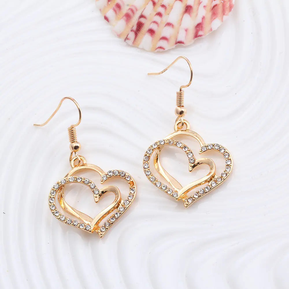 Juego de boda de pendientes y collar con doble corazón