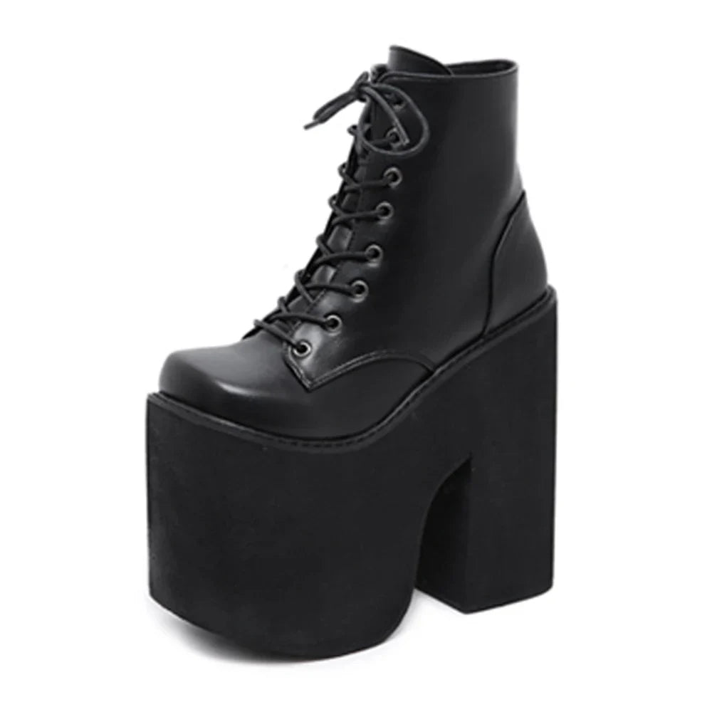 Gdgydh Women's Y2K Style Short Boots Square Closed Toe Lace Up Platform Boots High Chunky Heels Fashion Solid Color Shoes