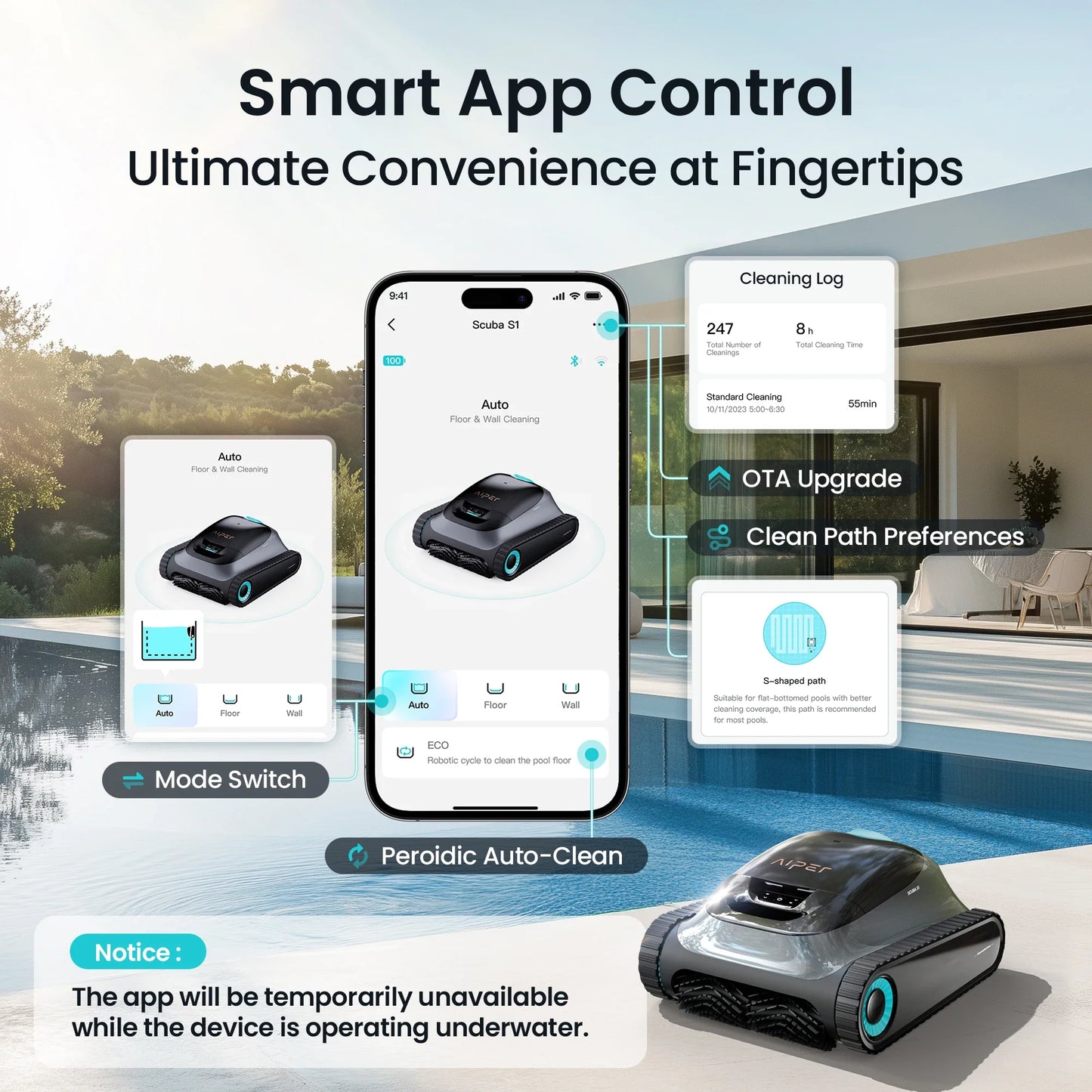 Aiper Scuba S1 Robotic Pool Cleaner, Weekly Custom Cleaning Plan, 270