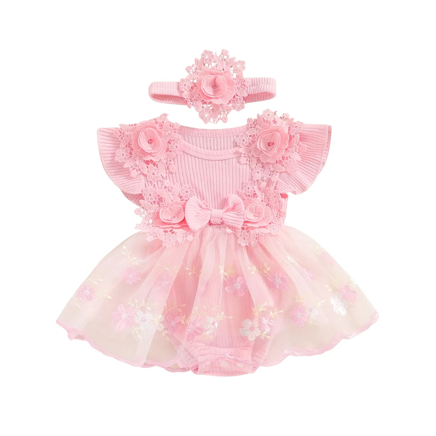 3D Flower Summer Baby Girls Romper Princess Mesh Newborn Clothes Lace Patchwork Ruffle Bodysuit Dress Headband Kids Clothing