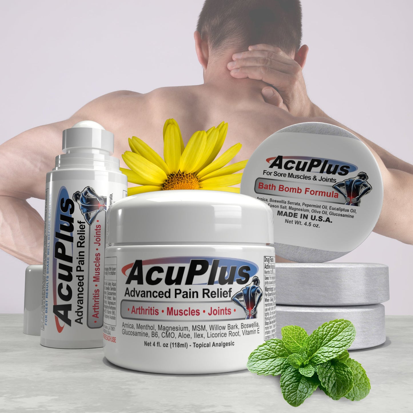 AcuPlus Ultimate Pain Relief Combo – 3 bombas de baño + roll-on de 85 g + tarro de 113 g
