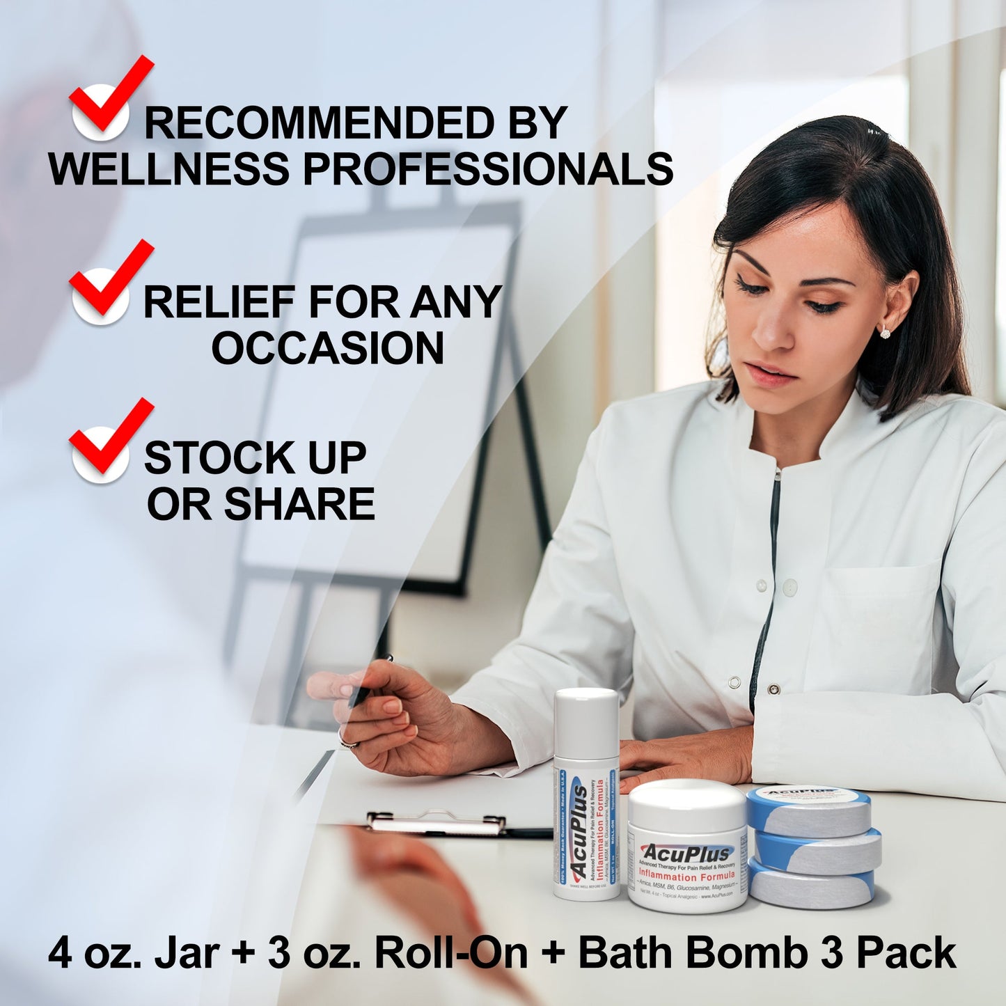 AcuPlus Ultimate Pain Relief Combo – 3 bombas de baño + roll-on de 85 g + tarro de 113 g