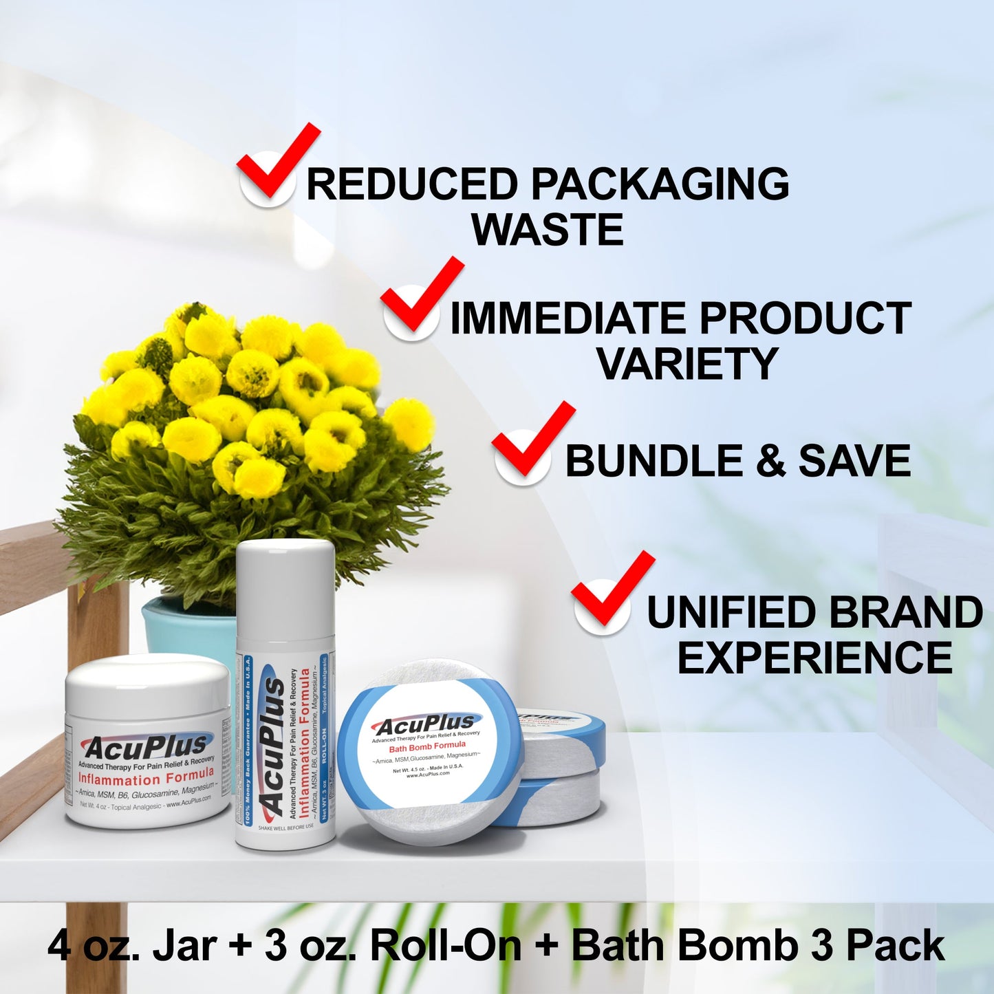 AcuPlus Ultimate Pain Relief Combo – 3 bombas de baño + roll-on de 85 g + tarro de 113 g