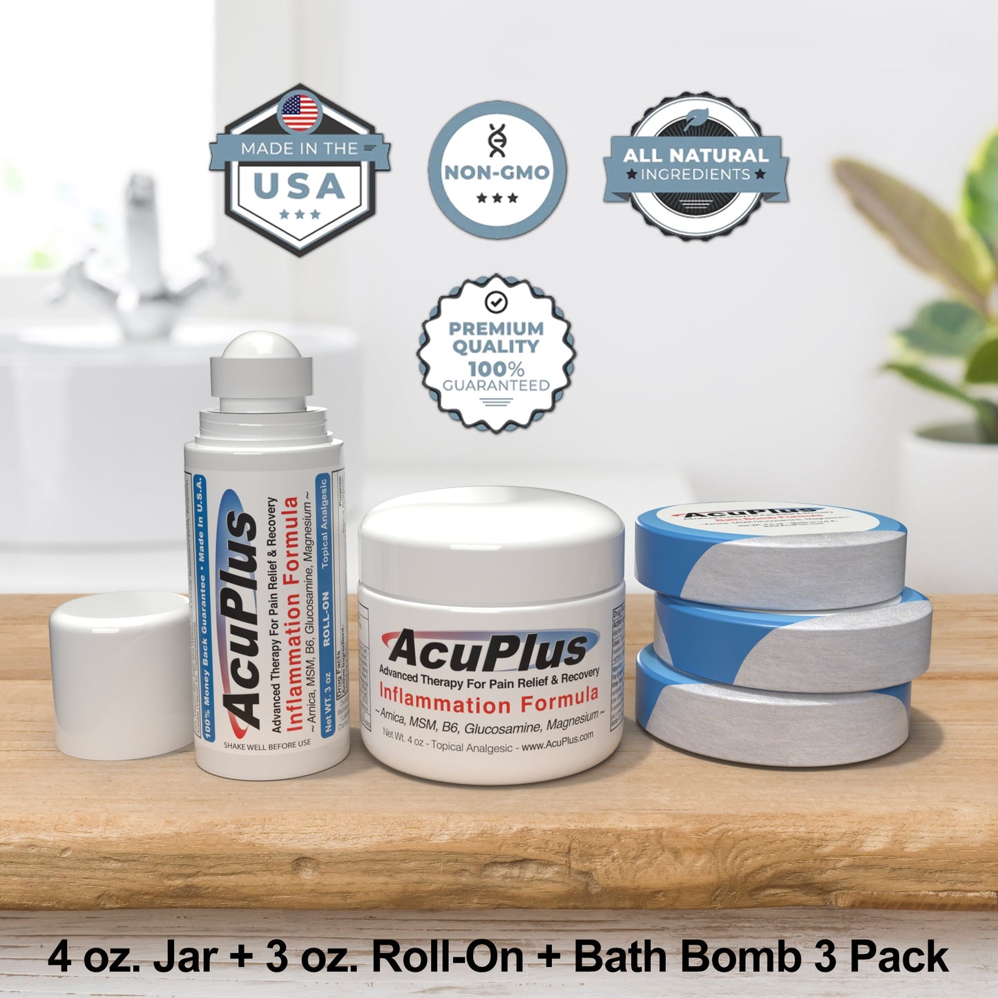 AcuPlus Ultimate Pain Relief Combo – 3 bombas de baño + roll-on de 85 g + tarro de 113 g