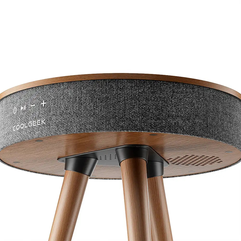 CoolGeek R1 Bluetooth Speaker Side Table with Wireless Charging, Natural Wood Smart Nightstand, 5.3 Bluetooth HiFi Stereo Sound,