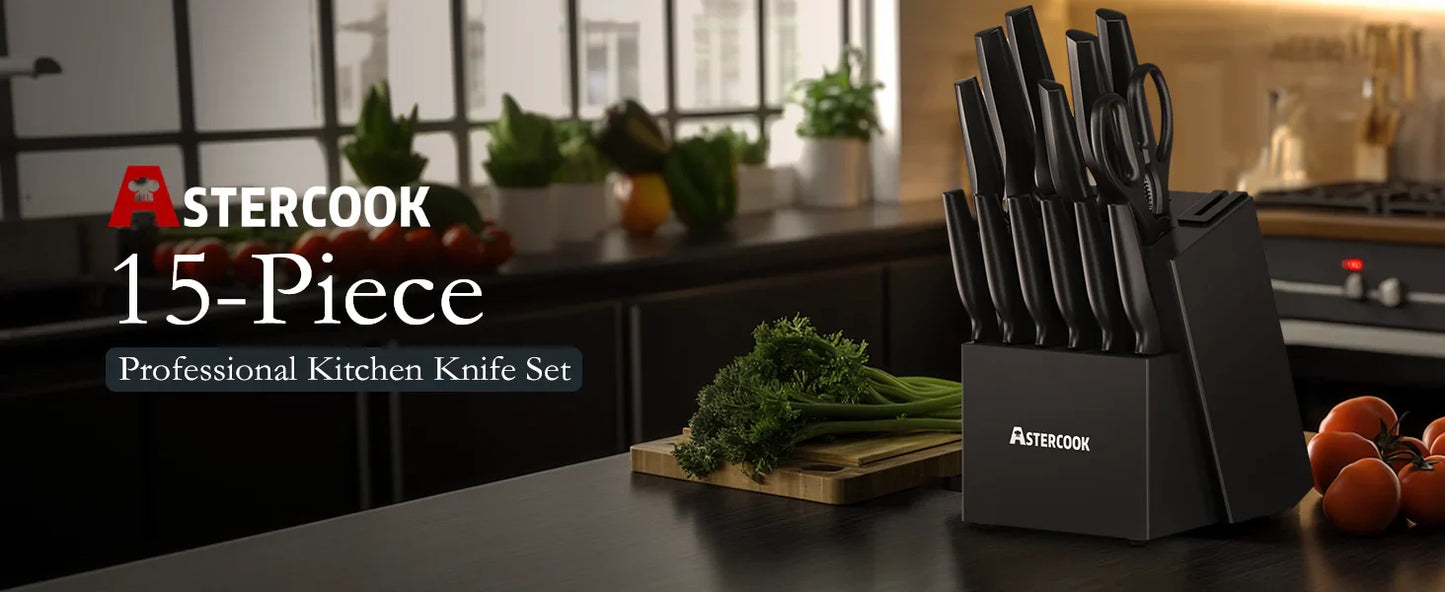 15-Piece Kitchen Knife Set with Block & Built-in Sharpener – Dishwasher Safe German Stainless Steel Knives