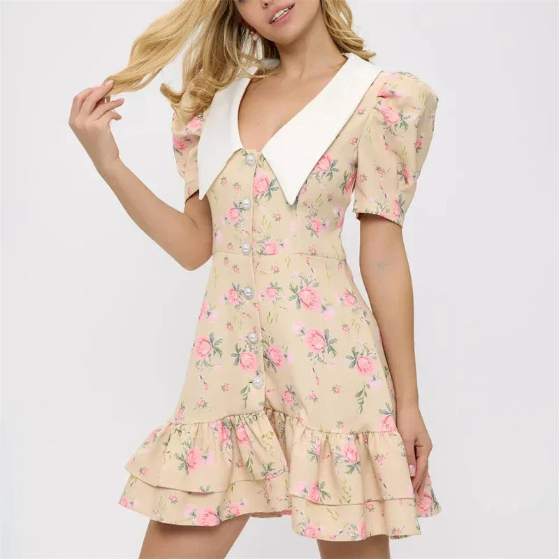 Puff Sleeve V-Neck Mini Dress | Printed Ruffled Pearl Button Dress - Femstylo