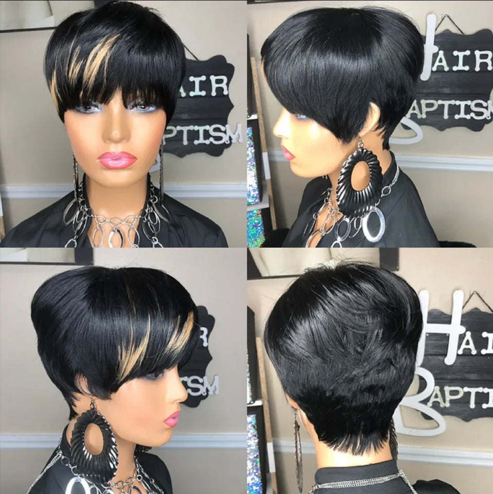 WIGERA Pelucas sintéticas destacadas Corto Liso Pixie Cut Peluca Bob Pelo Dorado Miel Mezcla Negro Cabello para Mujer