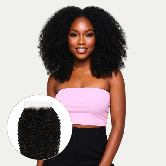 Cierre de cabello humano Afro Kinky Curly 4x4 con encaje transparente