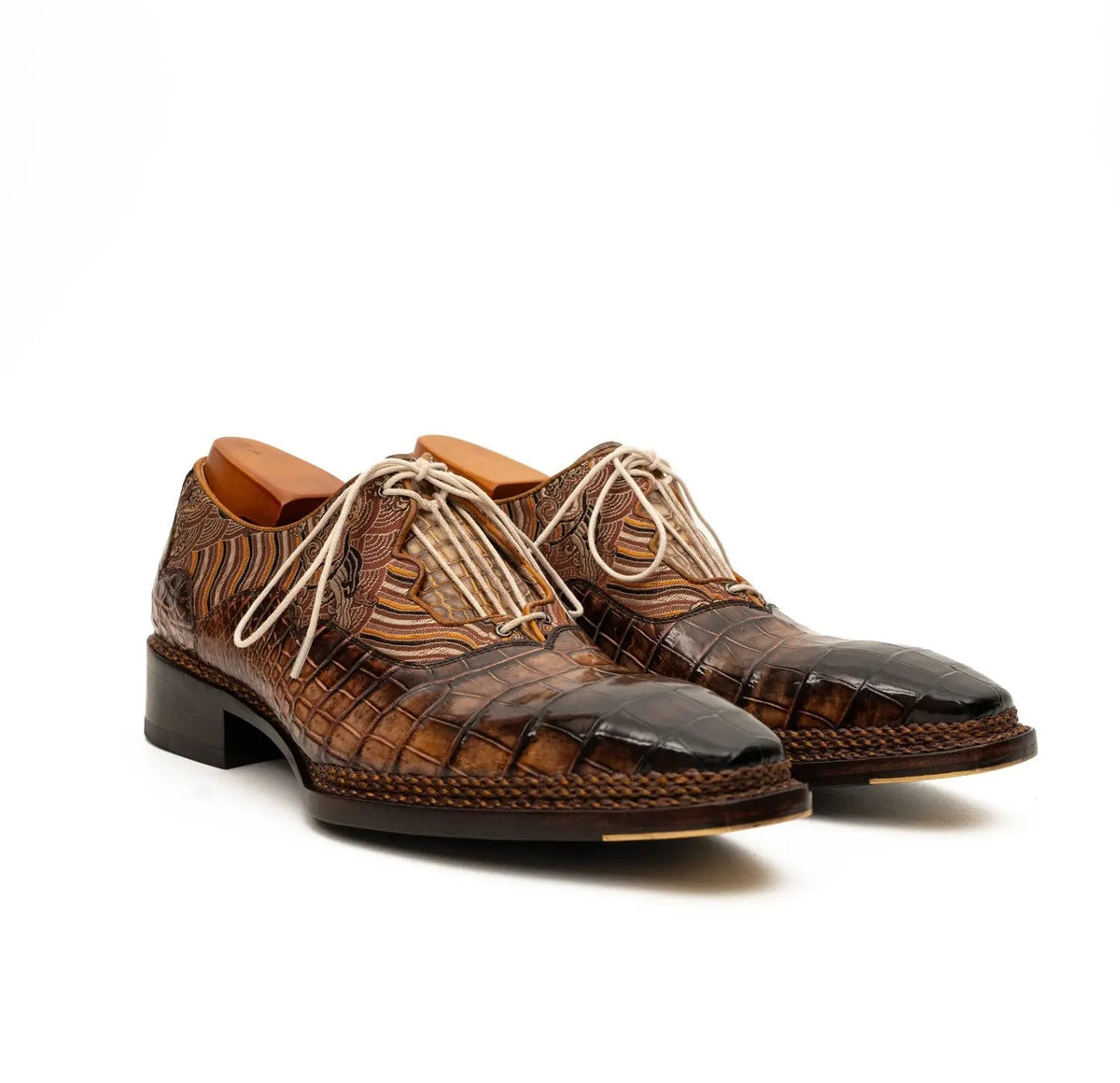 Brown Alligator & Jacquard Ghillie Oxford Shoes