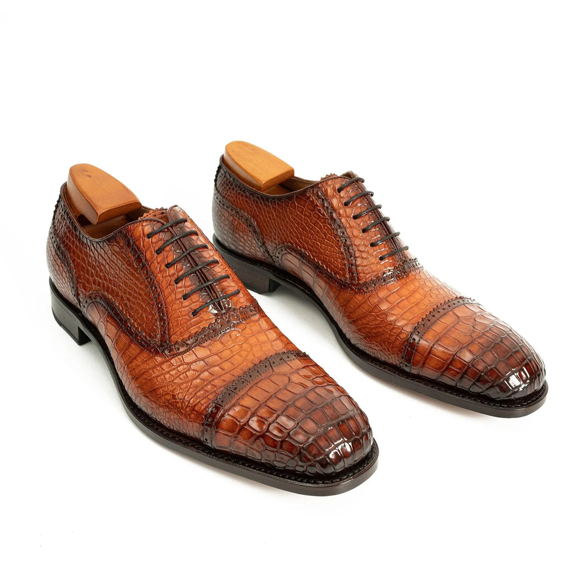 Cognac Crocodile Leather Cap-Toe Oxford Shoes