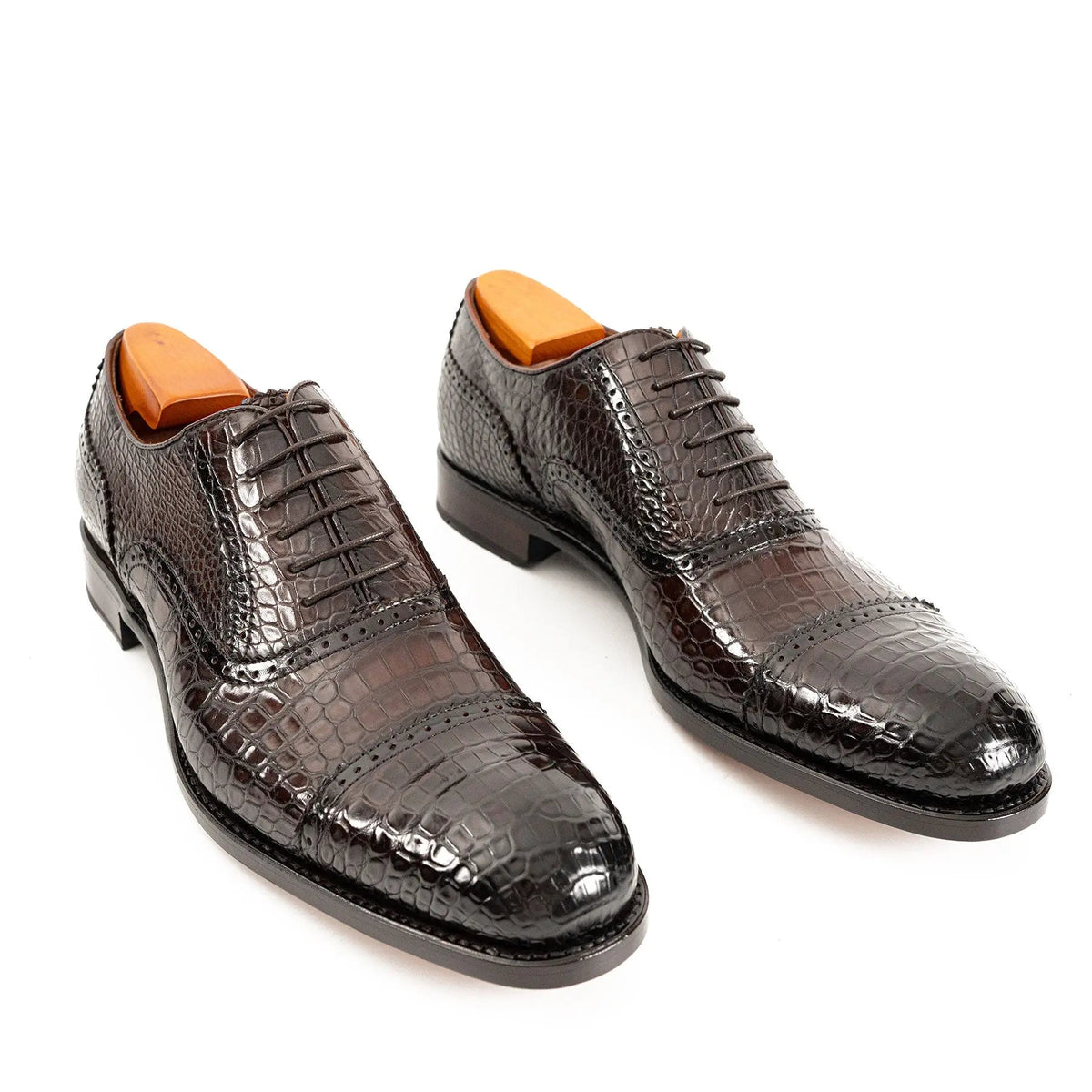 Dark Brown Crocodile Leather Cap-Toe Oxford Shoes