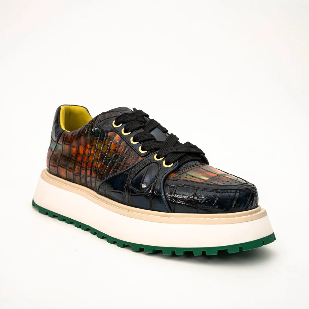 Amber and Navy Crocodile Leather Platform Sneakers