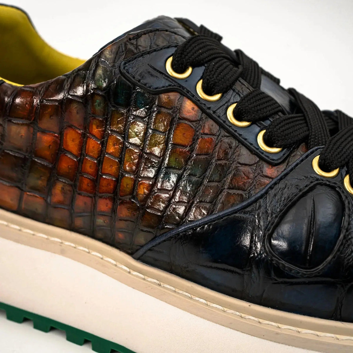 Amber and Navy Crocodile Leather Platform Sneakers