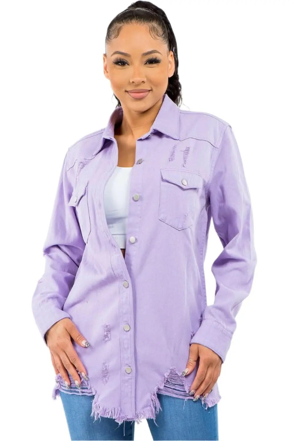 Jackets Trendsi Frayed Hem Distressed Denim Jacket Women's