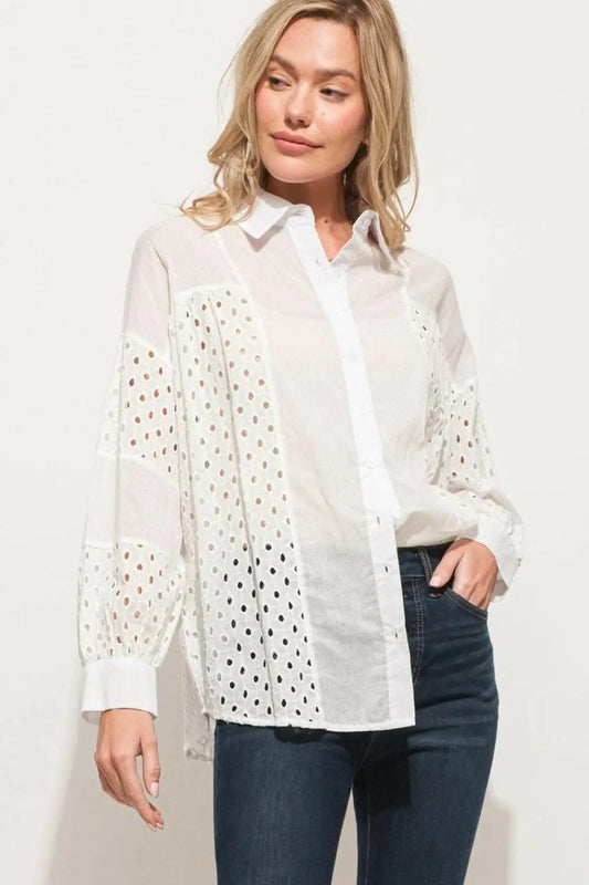 Pants Trendsi y la camisa abotonada de manga larga con ojales The Why - Diseño de EE. UU.,