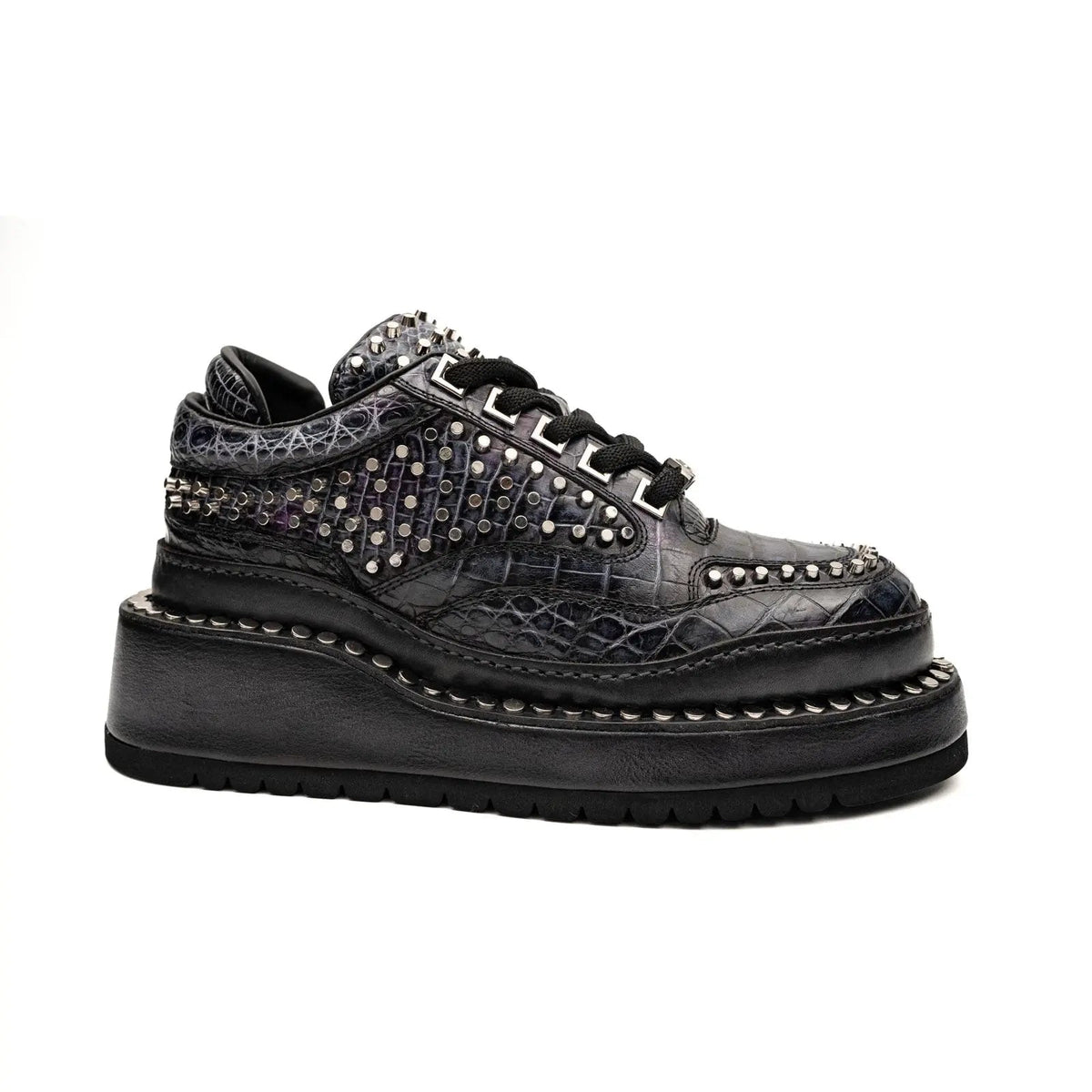Black Studded Crocodile Leather Platform Sneakers