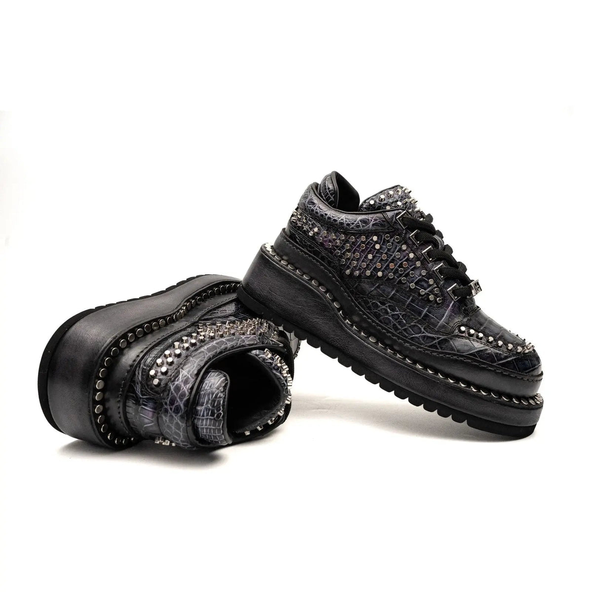 Black Studded Crocodile Leather Platform Sneakers