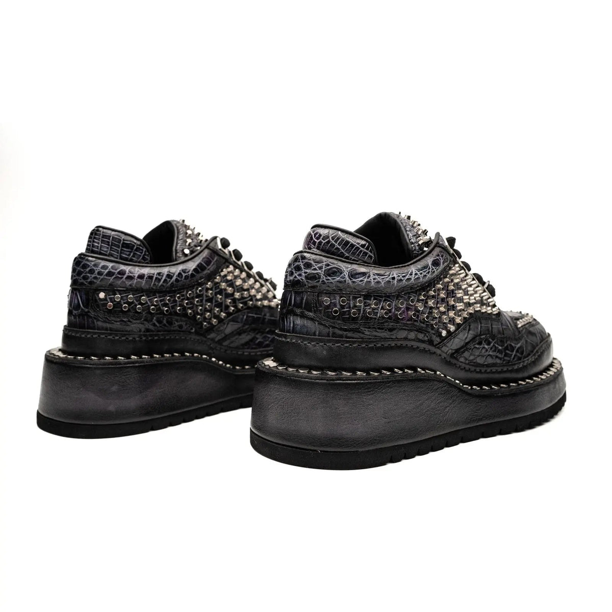 Black Studded Crocodile Leather Platform Sneakers