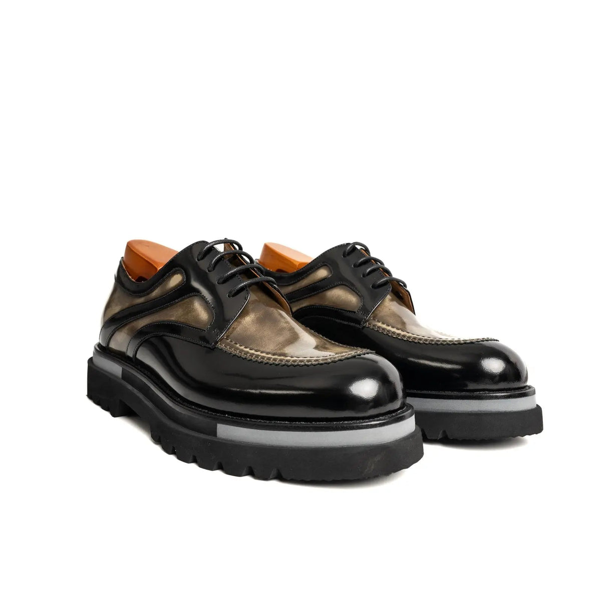 Black and Bronze Calf Leather Moc-Toe Derby Shoes
