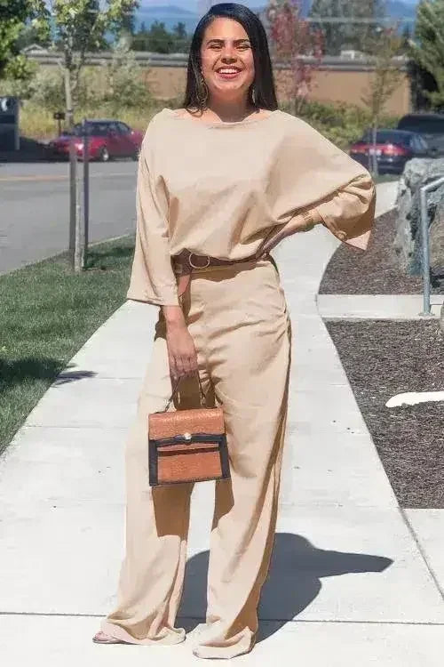 Casual Apricot Jumpsuit with 3/4 Sleeves and Tie Sash
