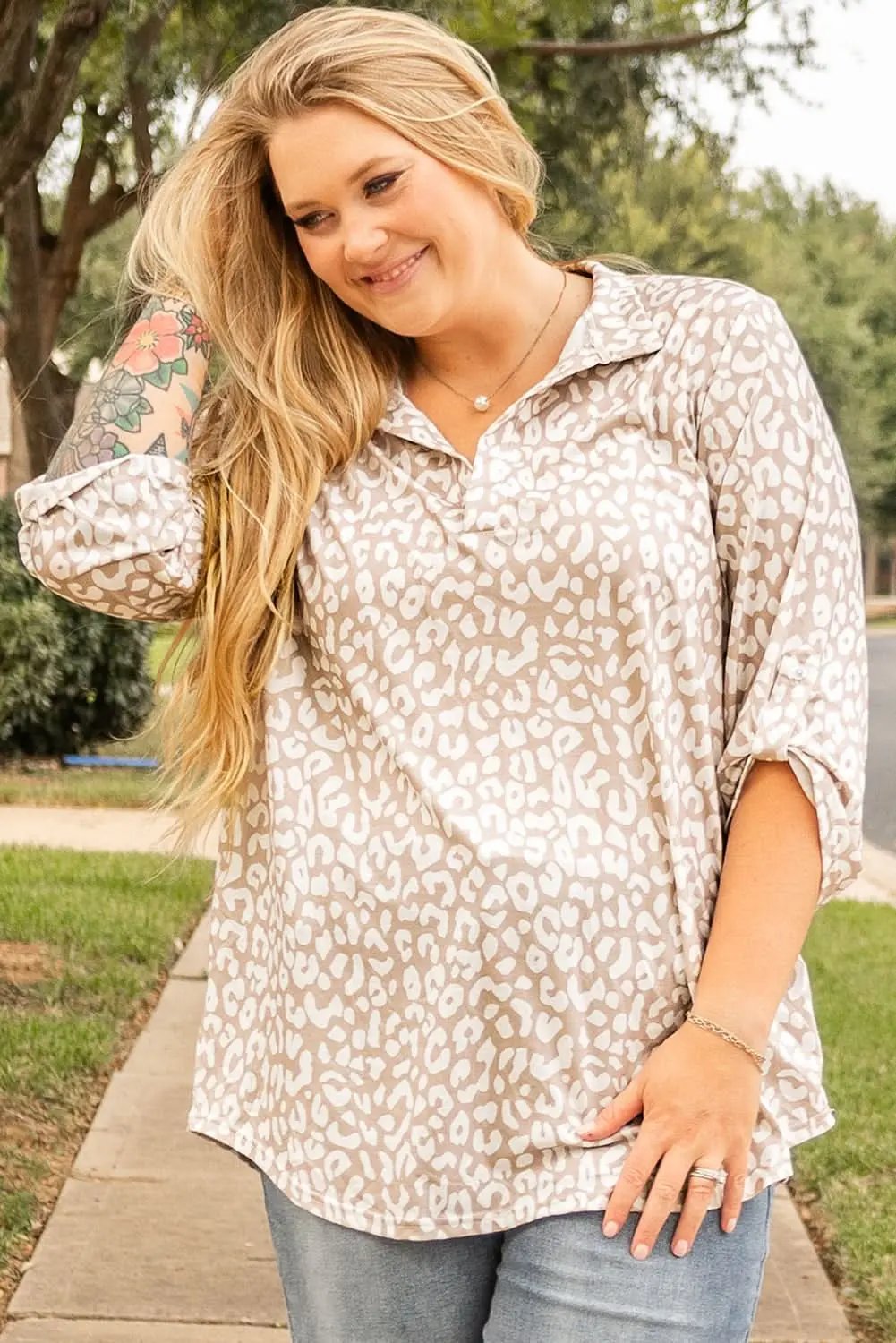 Apparel & Accessories > Clothing > Tops Apricot Leopard Print Plus Size Top by Love Salve
