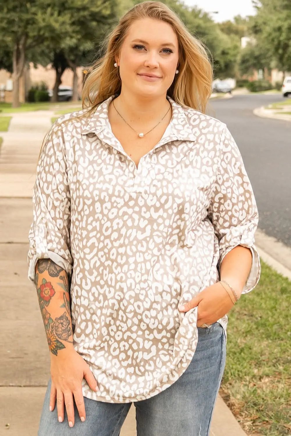Apparel & Accessories > Clothing > Tops Apricot Leopard Print Plus Size Top by Love Salve