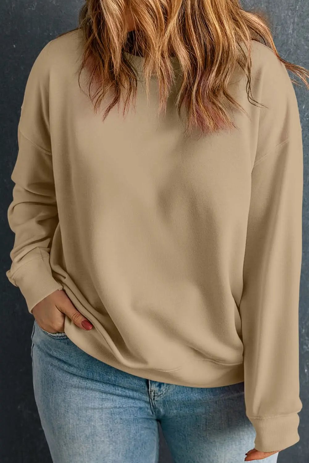Love Salve Plus Size Crew Neck Sweatshirt Apricot