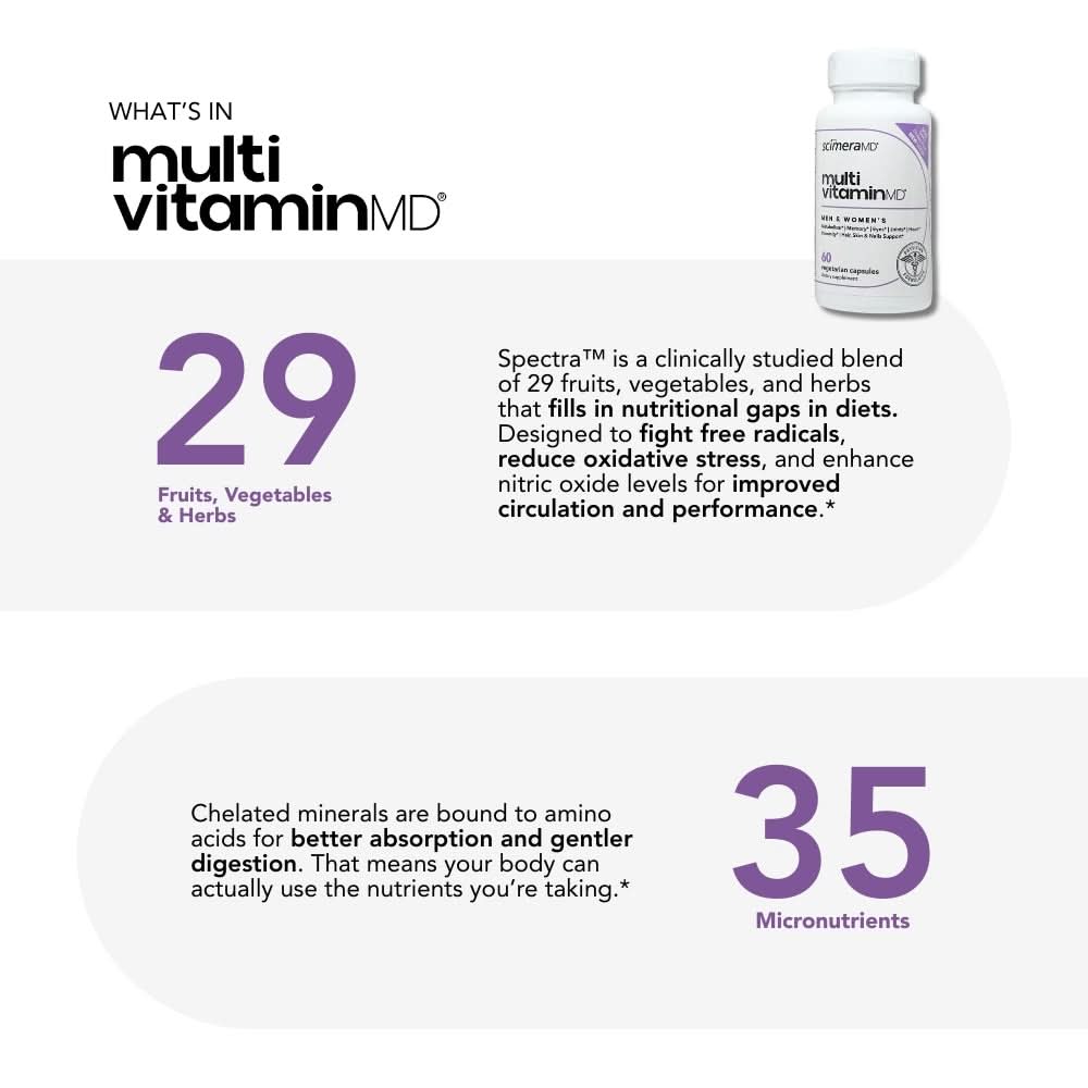 Scimera MD® MultivitaminMD Full-Spectrum Supplement Capsule with Minerals, Antioxidants, and Superfood Combination for Metabolism, Joint Support, Hair, Skin, and Nails, 60 CT