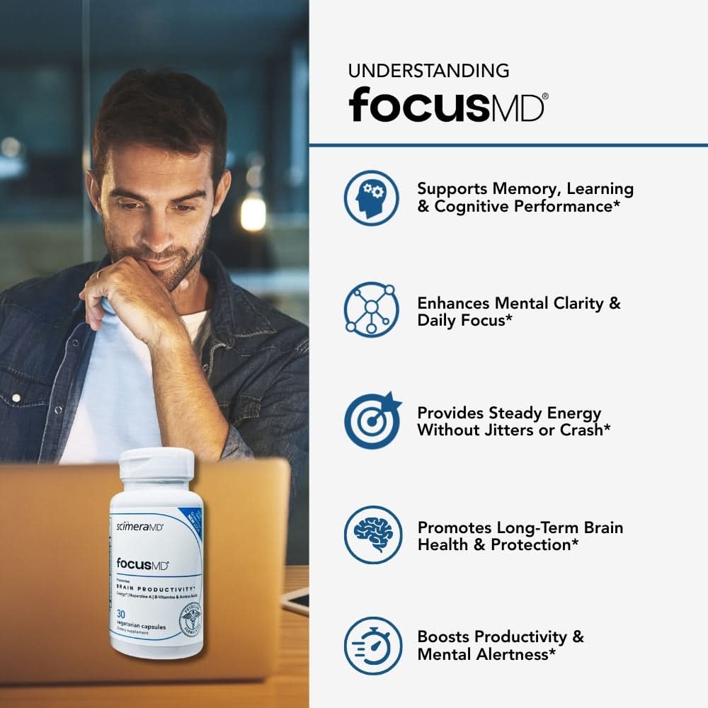 Scimera MD® Focus MD Brain Supplement with Nootropic Organic Coffeeberry, Huperzine A for Memory, Focus, and Energy, 30 CT