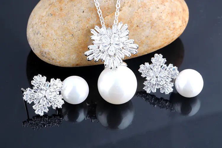 Conjunto de collar de lujo de copo de nieve con perlas y circonitas, en plata 925