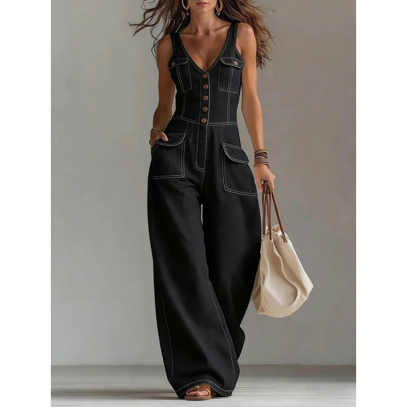 Women's Washed Denim Straight-Leg Loose Sleeveless Strap Jumpsuit with Pockets – 3 Colors