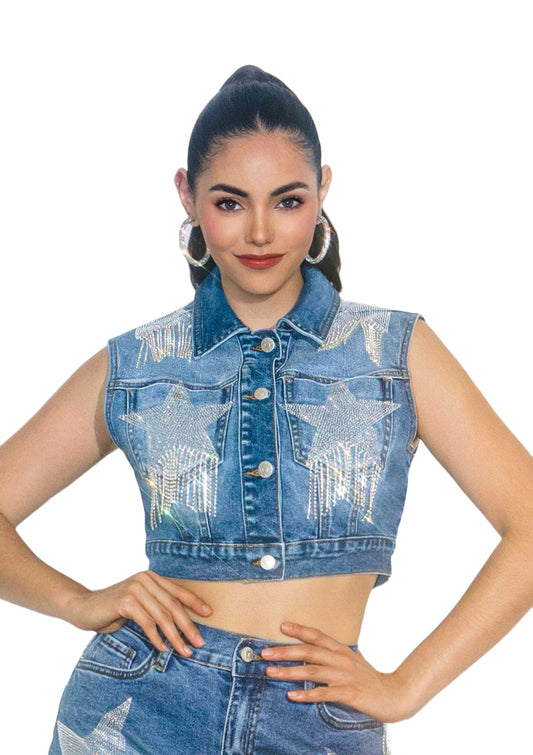 Chaqueta Camionera sin Mangas con Estrellas de Diamantes de Imitación