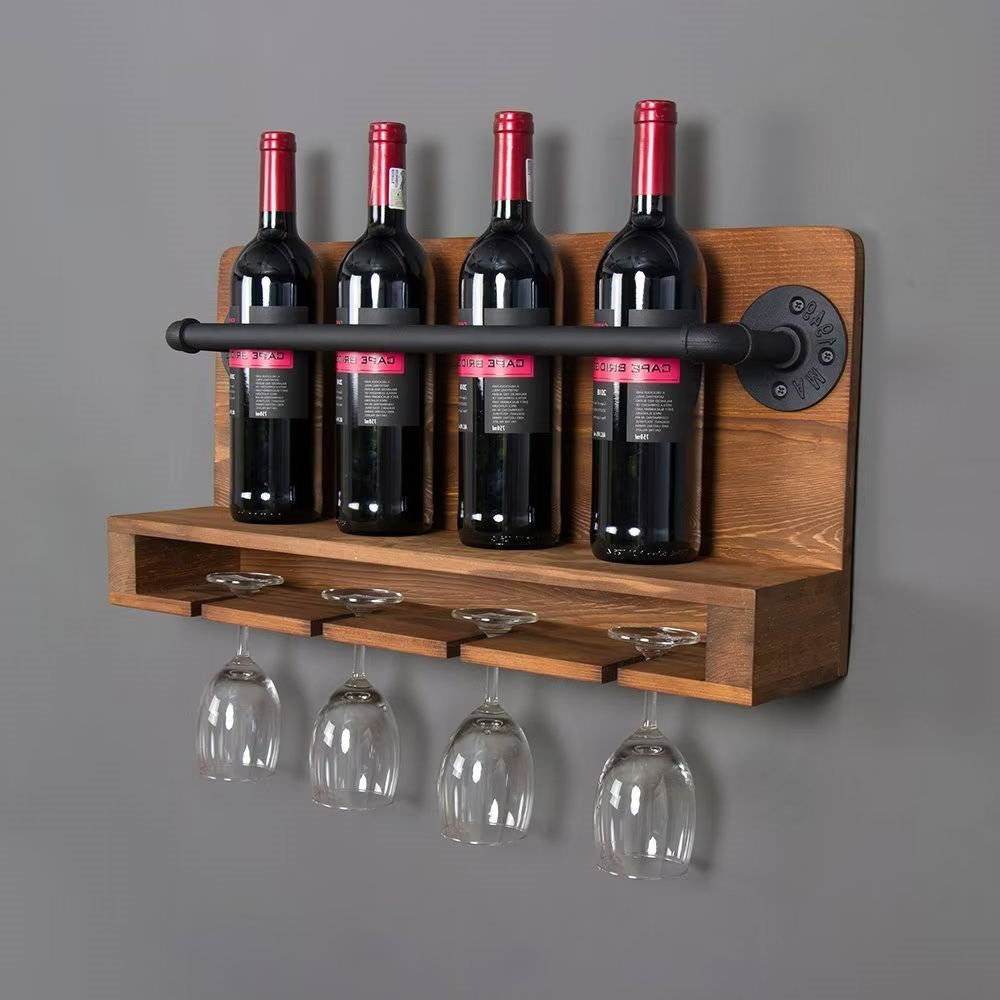 Botellero rústico de pared con capacidad para 4 botellas y copero, estilo casa de campo