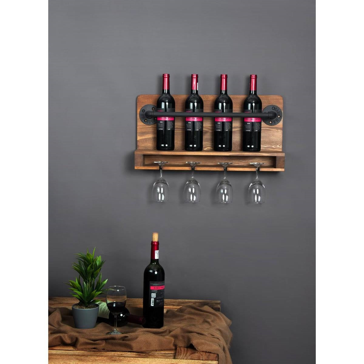 Botellero rústico de pared con capacidad para 4 botellas y copero, estilo casa de campo