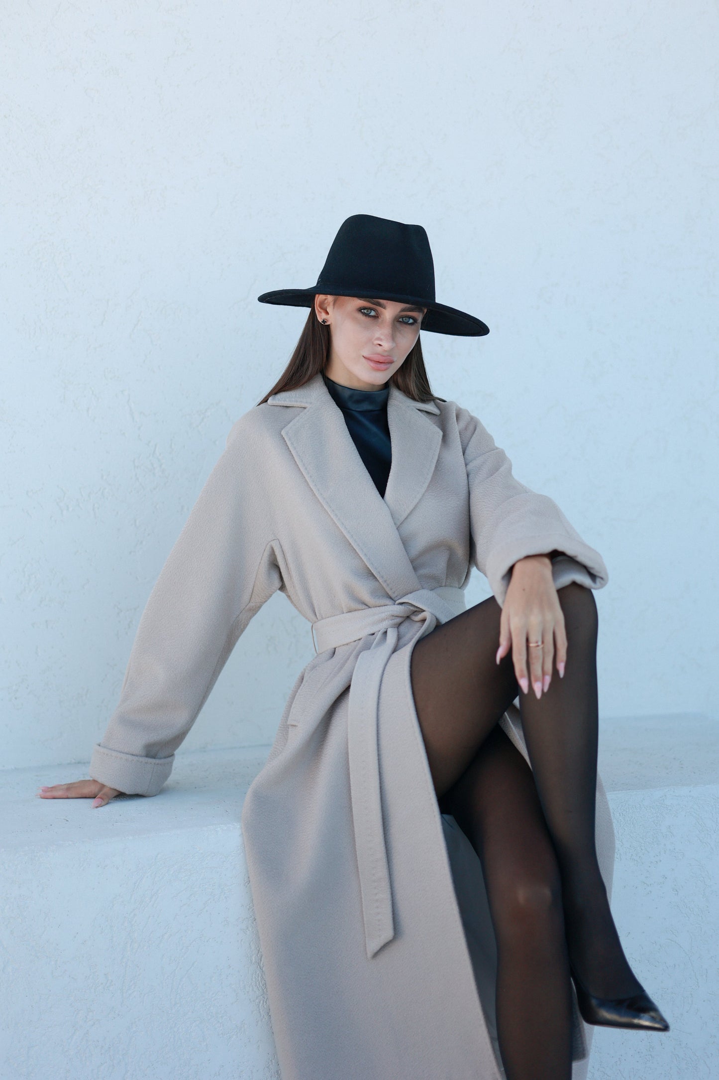 Abrigo Clásico de Mezcla de Lana y Cachemira Cepillada en Beige