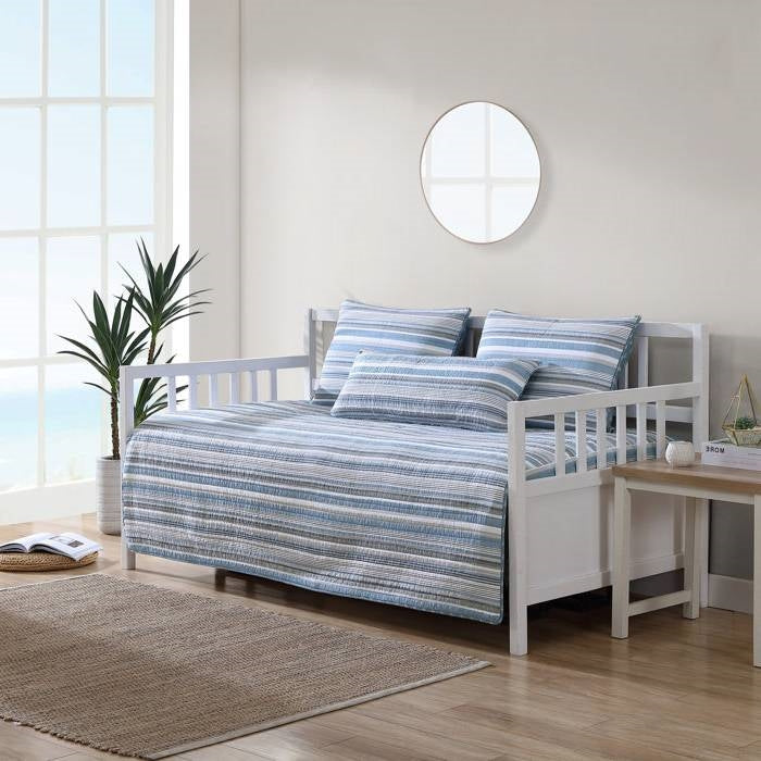 Juego de Funda de Sofá Cama de 4 Piezas con Rayas Náuticas Azules, Blancas y Grises, 100 % Algodón
