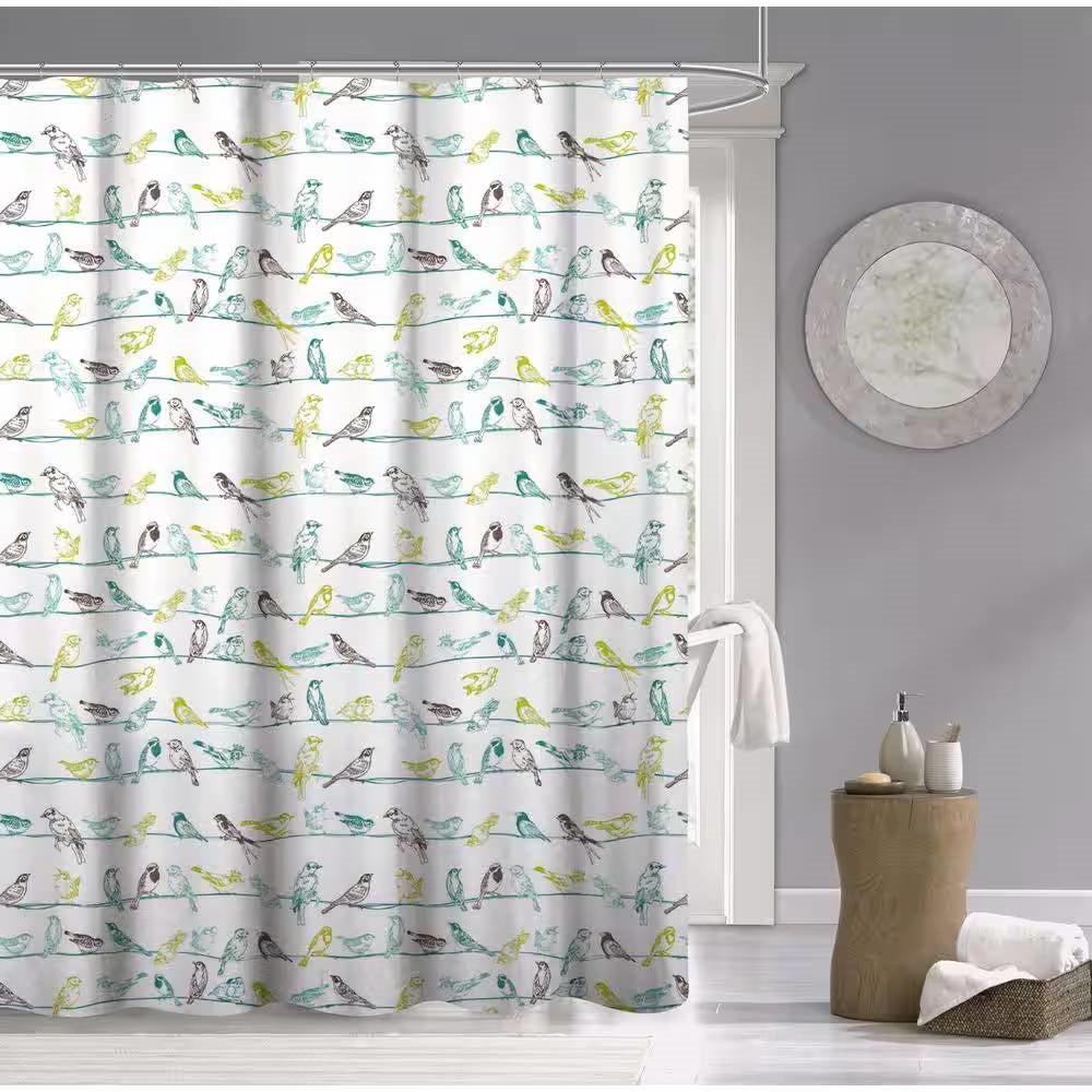 Cortina de ducha de tela 100% algodón de 72 pulgadas con pájaros azul verdoso, beige y negro