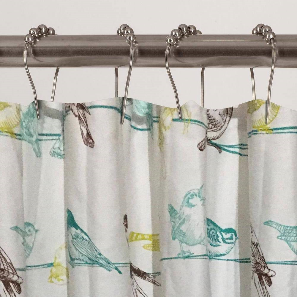 Cortina de ducha de tela 100% algodón de 72 pulgadas con pájaros azul verdoso, beige y negro
