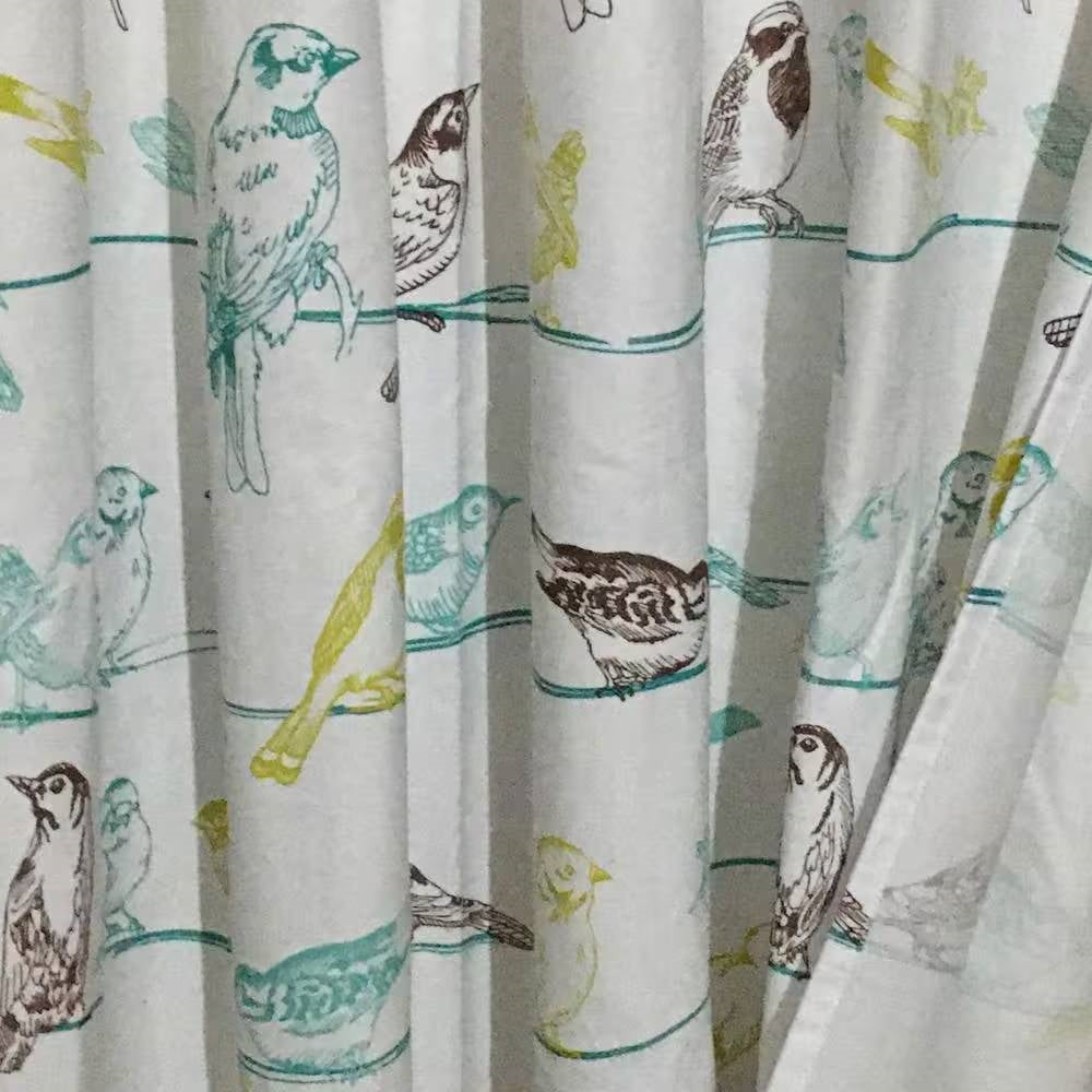 Cortina de ducha de tela 100% algodón de 72 pulgadas con pájaros azul verdoso, beige y negro
