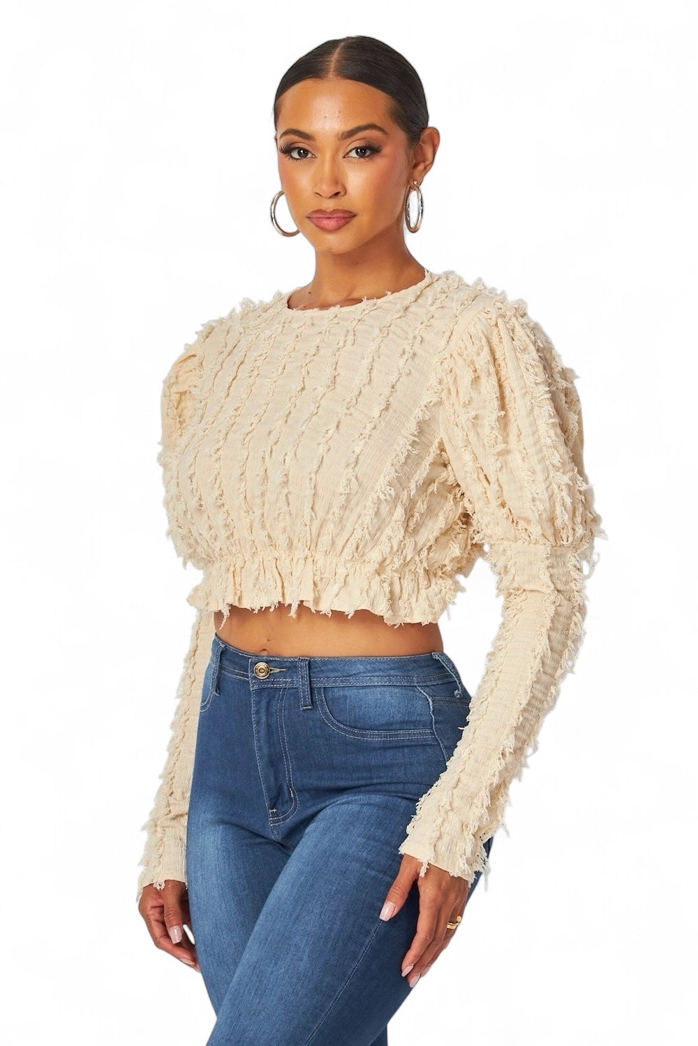 Top corto peplum Alexandria Puff de manga larga y peludo