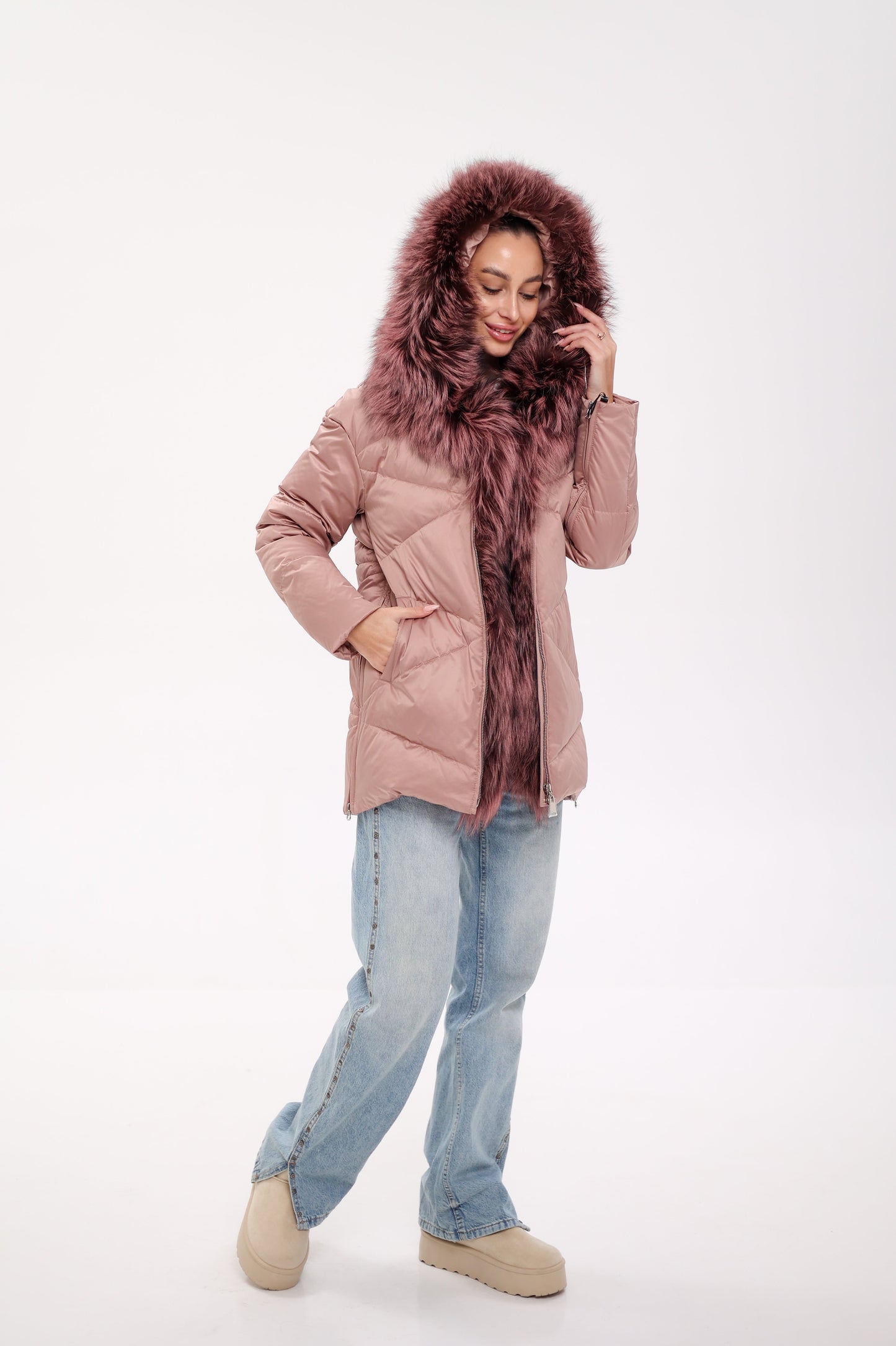 Parka de plumas con ribete de auténtica piel de zorro plateado