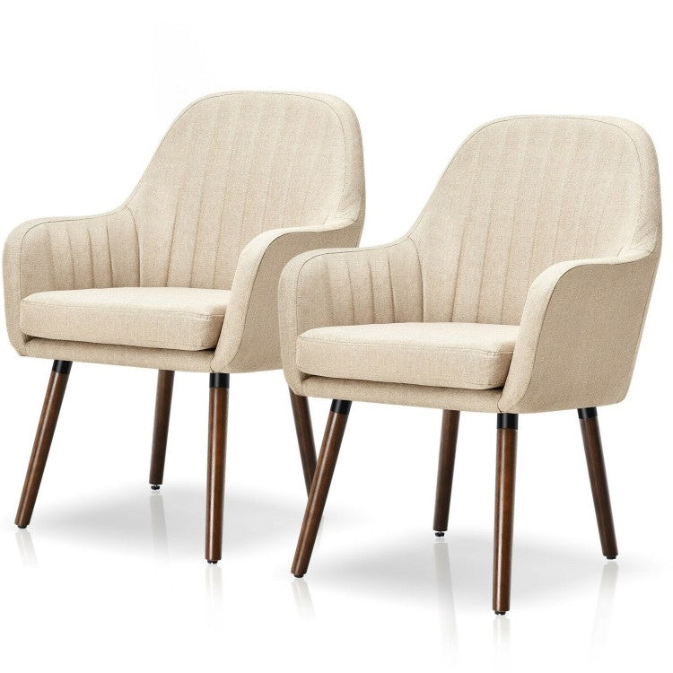 Juego de 2 sillones decorativos retro en lino blanquecino con elegantes patas de madera