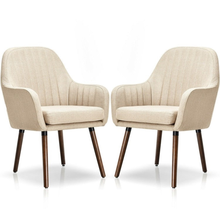 Juego de 2 sillones decorativos retro en lino blanquecino con elegantes patas de madera