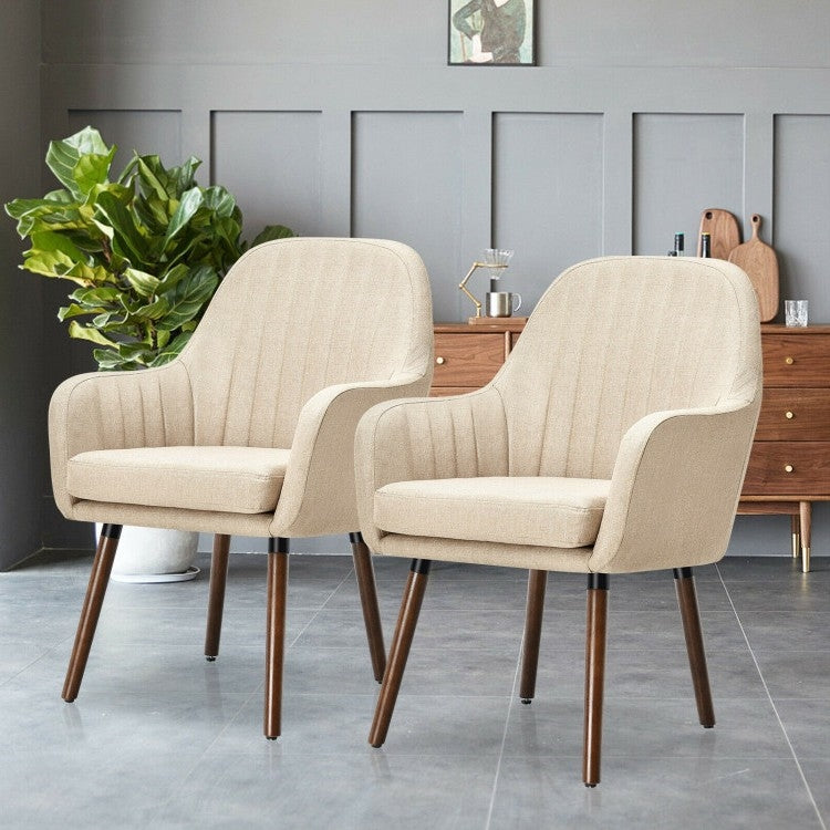 Juego de 2 sillones decorativos retro en lino blanquecino con elegantes patas de madera